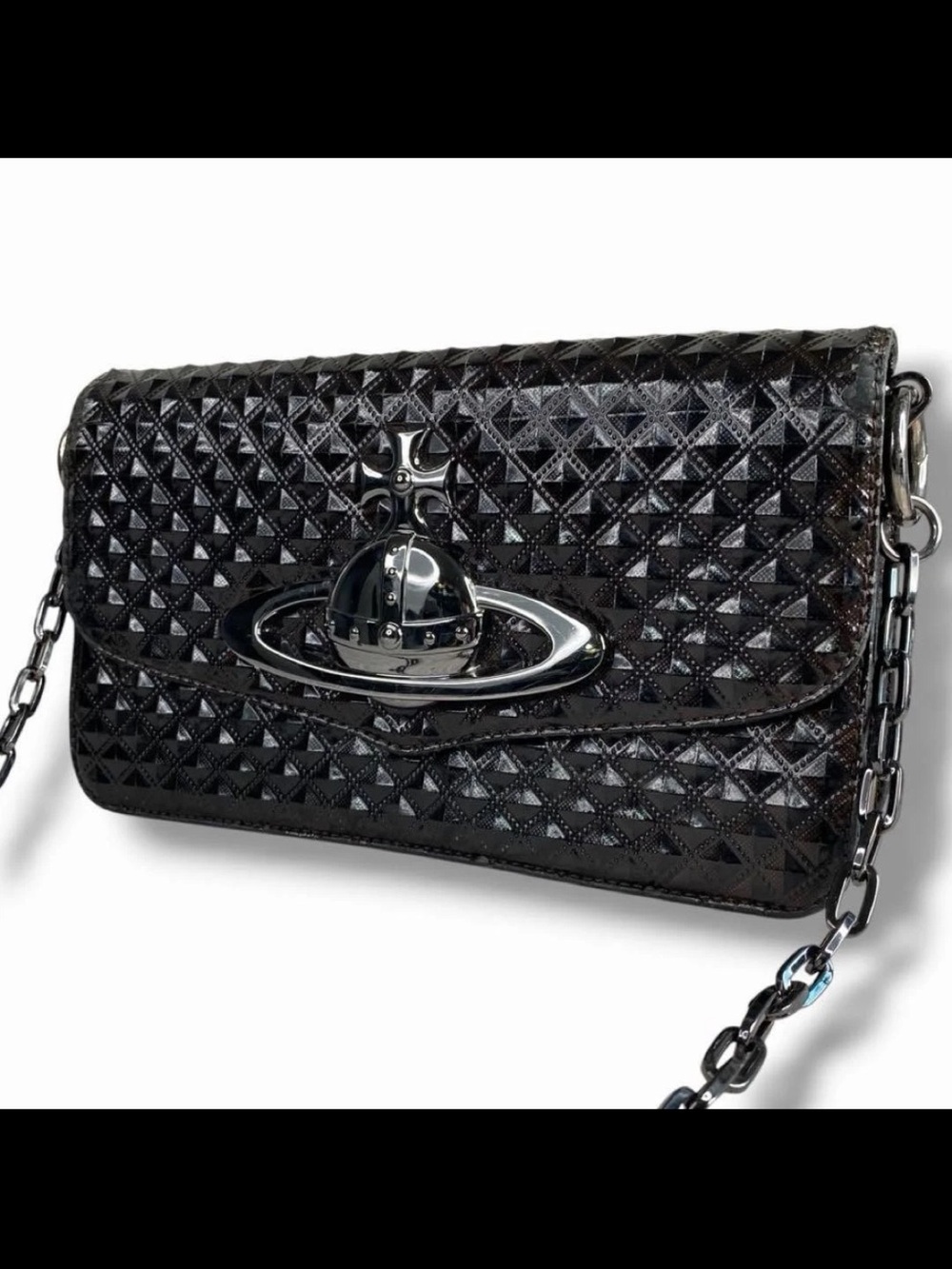 Vivienne Westwood Black Patent Quilted Orb Shoulder Bag with Chain
